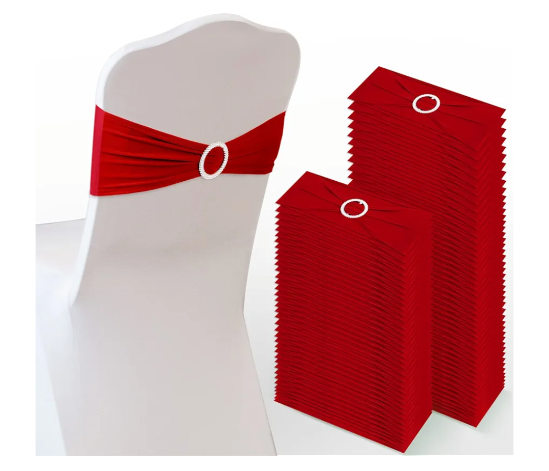Tudomro 80 Pcs Spandex Chair Sashes, Stretch Ties Bows with Buckle Slider Elastic Bows Chair Cover Bands for Wedding Party Universal Reception Ceremony Banquet Decoration(Red)