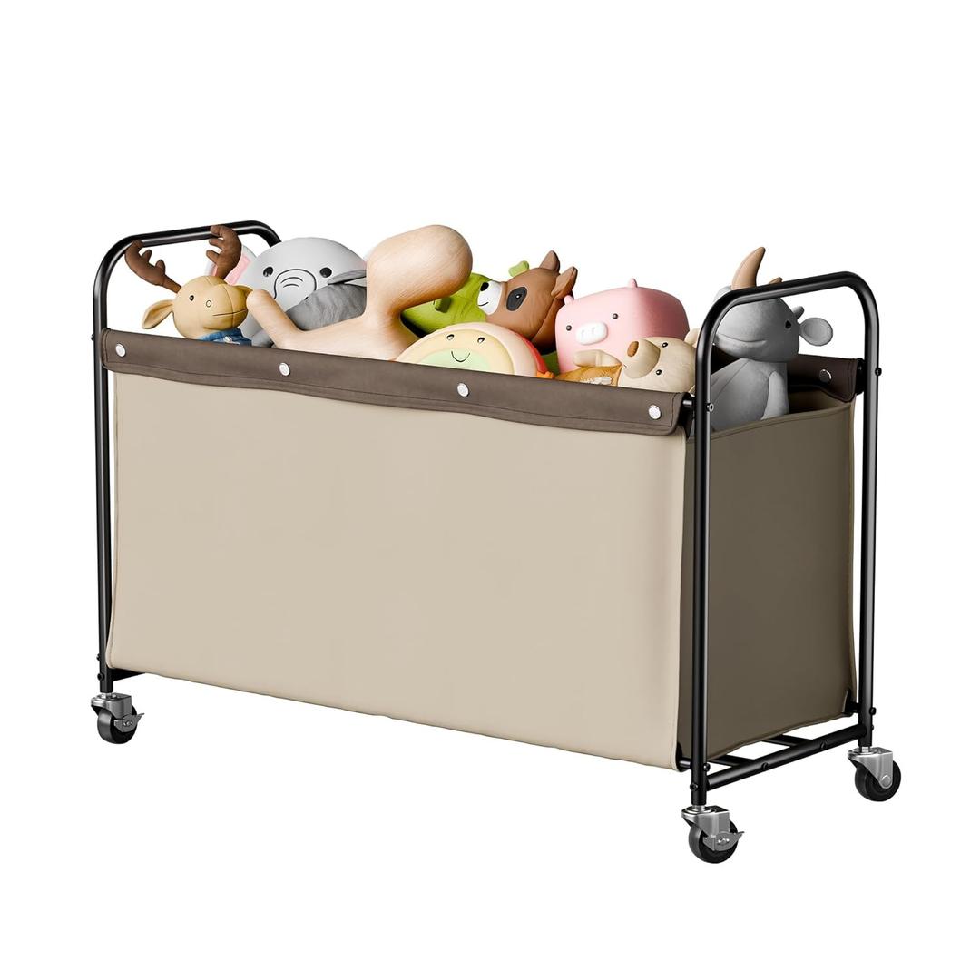 StorageWorks Toy Box with Wheels for Kids, 135L Large Toy Storage Chest and Organizer, 23" Metal Toybox with 360 Swivel Wheels for Bedroom, Kids Room, Stuffed Animal Storage, Light Khaki