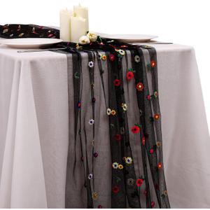 BINBE 1pcs Black Daisy Spring Table Runner Embroidery Gauze 10FT Florals Seasonal Tulle Holiday Birthday Kitchen Dining Table Decor for Home Party (10ft x 1pack)