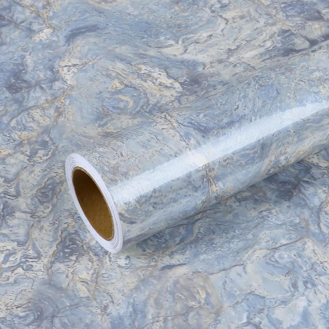 VEELIKE Cream Blue Marble Contact Paper for Countertops Waterproof Peel and Stick Glossy Marble Wallpaper for Kitchen 15.7''x118'' Self Adhesive Countertop Vinyl Wrap for Walls Desk Table Bathroom (15.7"W x 118"L)