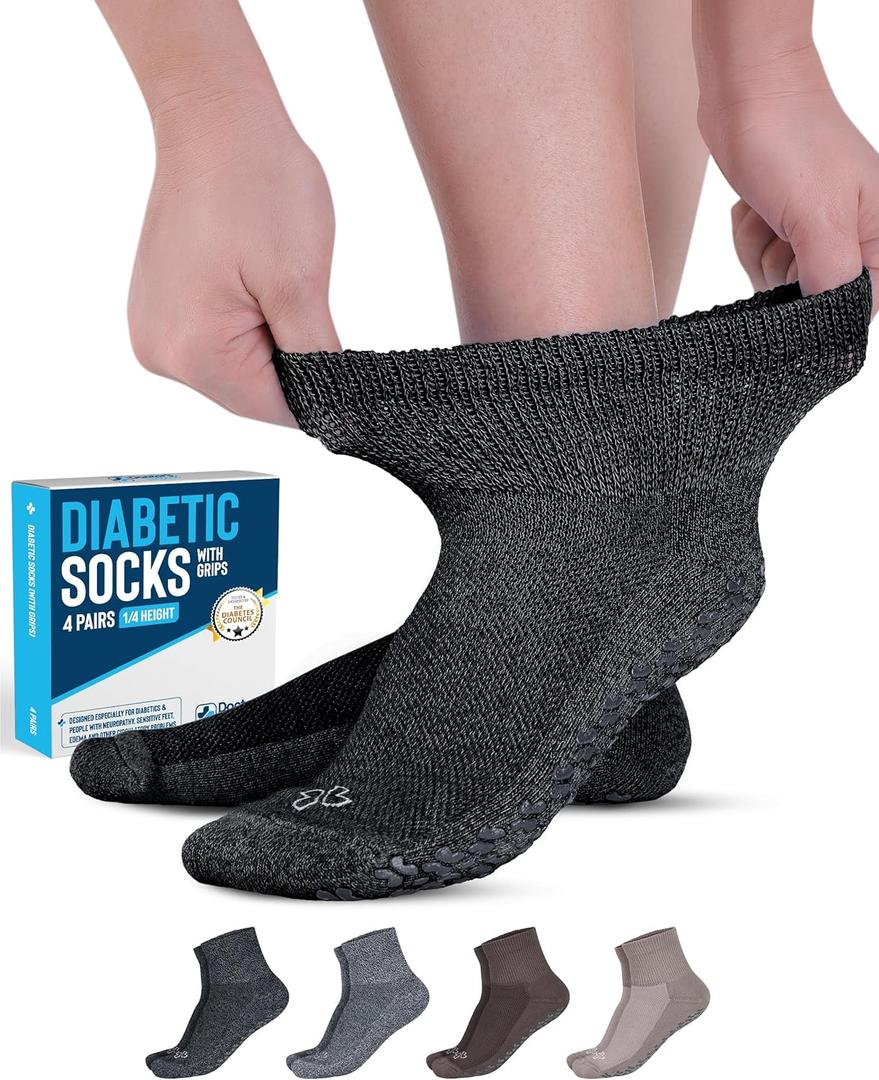Doctor's Select Diabetic Ankle Socks with Grippers for Men and Women - 4 Pair 1/4 Length Neuropathy Socks for Women (Medium, Brown/Gray Pack - 4 Pairs)