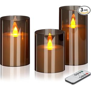 LED Candles with Remote Set of 3 Battery-Operated Acrylic Gray Pillars, 4", 5", 6" x 3" Diameter Flickering Effect with Timer Ideal for Home Décor Weddings Parties, Restaurants
