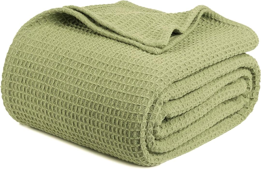 Tex Trend 100% Cotton Blankets Queen Size - Waffle Weave Cotton Blanket - Breathable Lightweight for Spring Summer - Gift for Women, Sage Green, Queen 90x90 Inches