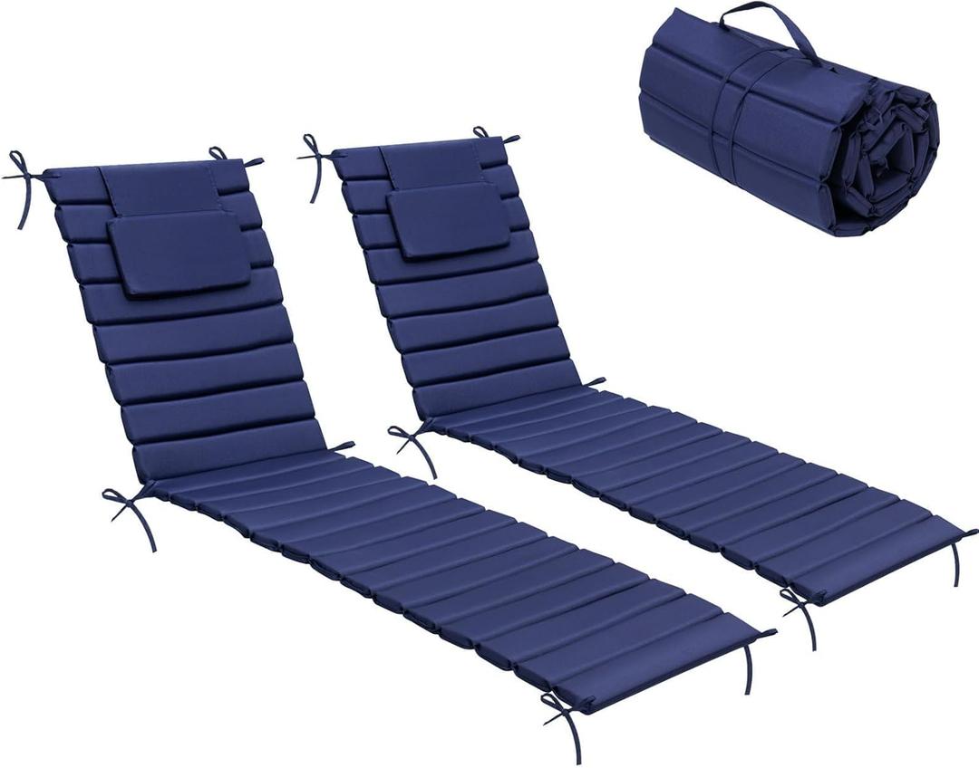 Crestlive Products Chaise Lounge Cushion Outdoor Set of 2, Waterproof Foldable Pool Lounge Chair Cushions with Straps, Lounger Cushions for Outdoor Furniture, Patio, Lawn, 80''Lx26''W (Navy)