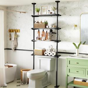 Bonpally Over The Toilet Storage Shelf, 4Tier Adjustable Bathroom Organizer, No Drill Tension Mounted Shelves, SpaceSaving Bathroom Cabinet Rack Above Toilet for Small Rooms, Black