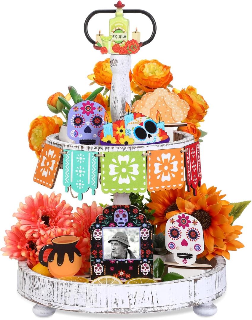 12 Pcs Day of The Dead Tiered Tray Decorations Dia De Los Muertos Decor Garlands Skull Candles Alter Picture Frame Wooden Tabletop Ofrenda Centerpieces for Dia De Los Muertos Party
