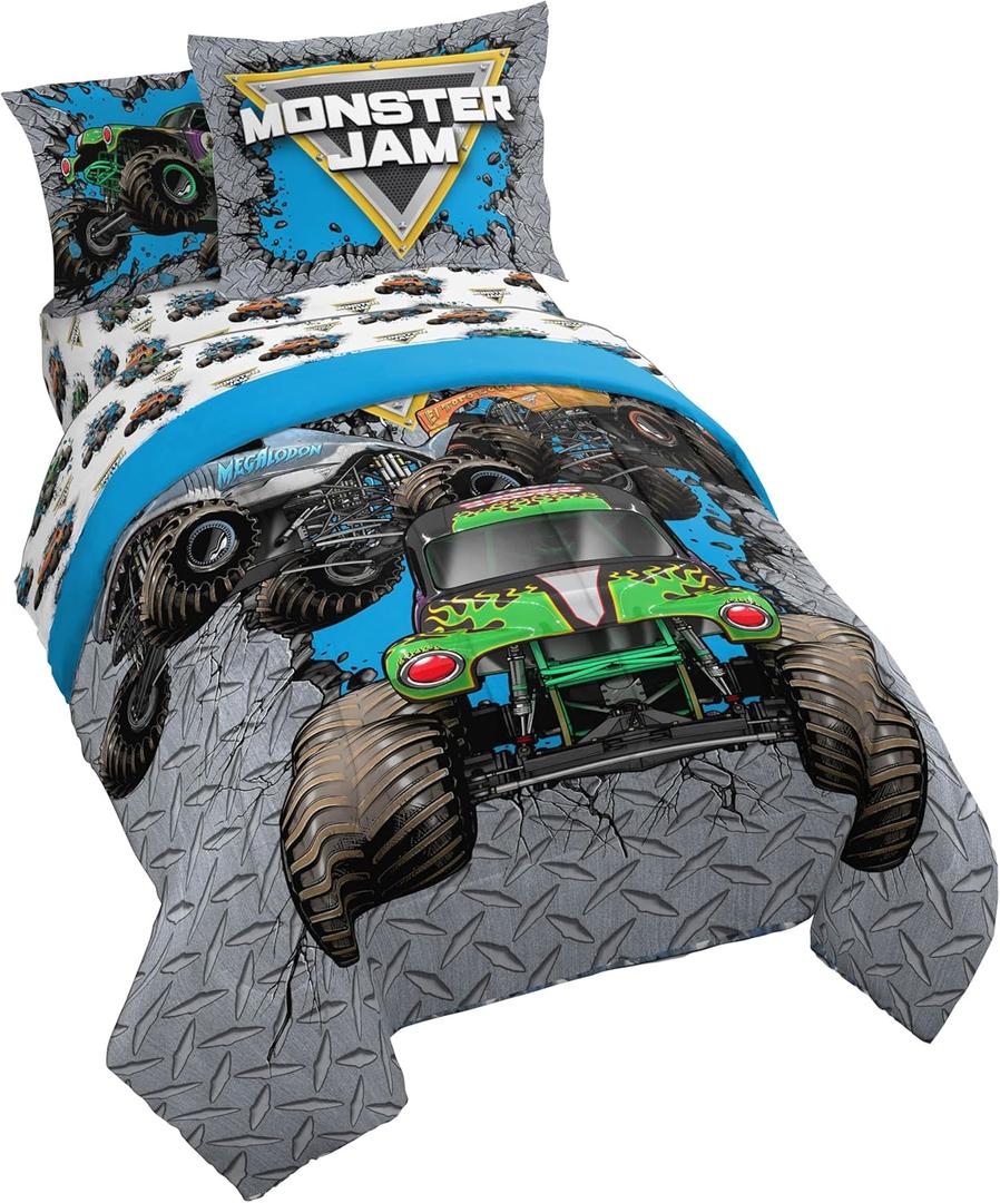 Jay Franco Kids Comforter Set Includes Sheets and Pillow Covers - Soft and Cozy Bed Set for Stylish Room Decor, Gray - Monster Jam 01, 7 Piece Full Size Bedding