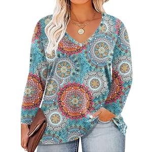 Womens Plus Size V Neck Floral Tunics Long Sleeve Top Blouse T-shirt, 20W