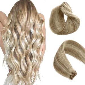 Sew In Real Human Hair Blonde Highlights Weft Extensions - Remy Hair Ash Brown Mix Platinum Blonde Hand Tied Weft - 14inch 80g (# 018P60)
