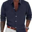 BAYAMO Men's Button-Down Striped Shirts Casual Long Sleeve Cotton Linen Collared Shirts Fashion Business Dress Shirt Navy XL (XL)
