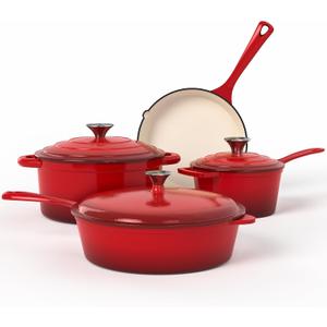 Kitchen Academy Enameled Cast Iron Cookware Sets - 7Pcs Pots and Pans Set Non Toxic, Induction Dutch Oven Set, PFOA&PFAS Free, 7 Pcs - Red
