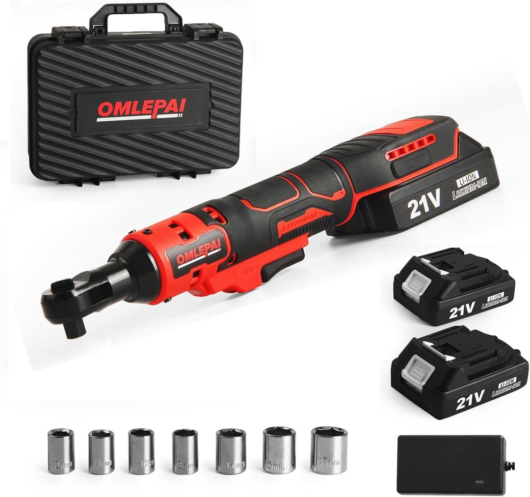 Cordless Ratchet Wrench 3/8, 21V Electric Ratchet Wrench, Battery Ratchet Wrench Set, Included 6 Sockets and Charger, Variable Speed & LED Light