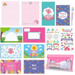 Fullhawl 51 Pcs Adventures at Camp Stationery Set Summer Camping Postcards Kit Letter Paper Envelope Sticker Postcard Camp Activity Journal Rubber Pencil(Happy Camper)