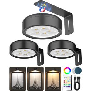 3 Pack Picture Lights for Wall,Wireless 2000mAh Rechargeable Magnetic LED Puck Lights with Remote,3 Color Temps and 12 RGB,Dimming & Timer,Art Frame Light for Painting Display,Photos,Wall Decor (Black)