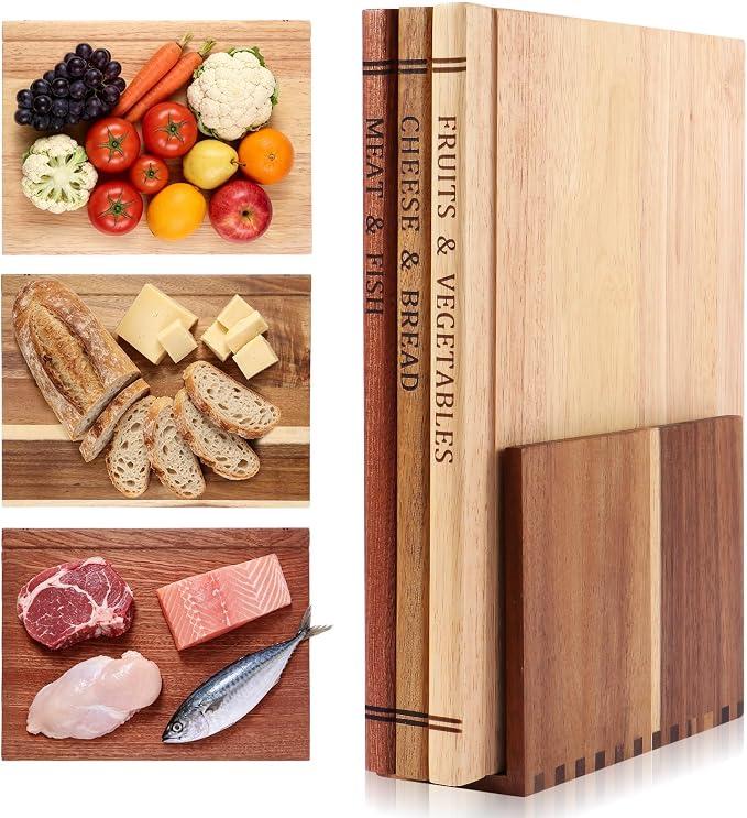Book Cutting Board Set - Food Safe, Non-Slip Chopping Boards for Kitchen Organization and Stylish Serving,Acacia Wood