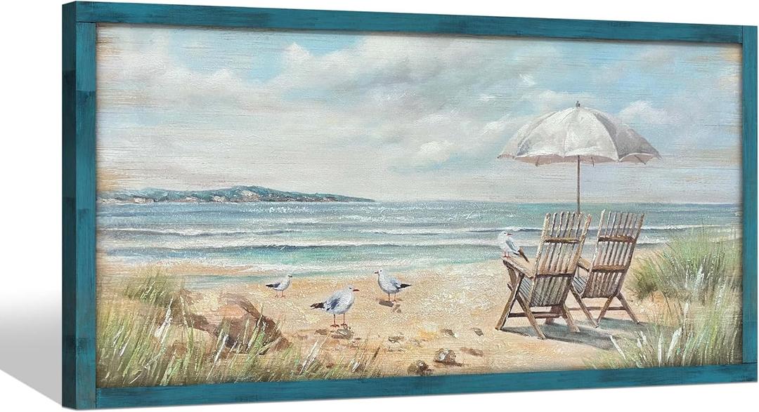 Seascape Wooden Framed Wall Art: Abstract Beach Chair Picture Coastal Seagull Print Blue Ocean Painting Large Textured Seaside Artwork for Bathroom 48"x24"