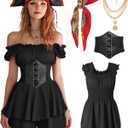 Womens Pirate Costume Dress Pirate Costumes Outfit for Women with Headscarf Corset Accessories 4PCS (X-Large, Black)
