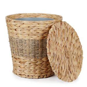 YANGQIHOME 3.8 Gallon Wicker Trash Can with Lid - Water Hyacinth & Seagrass Garbage Can - Handwoven Wicker Waste Basket for Bathroom, Bedroom, Office, Living Room, Laundry Room