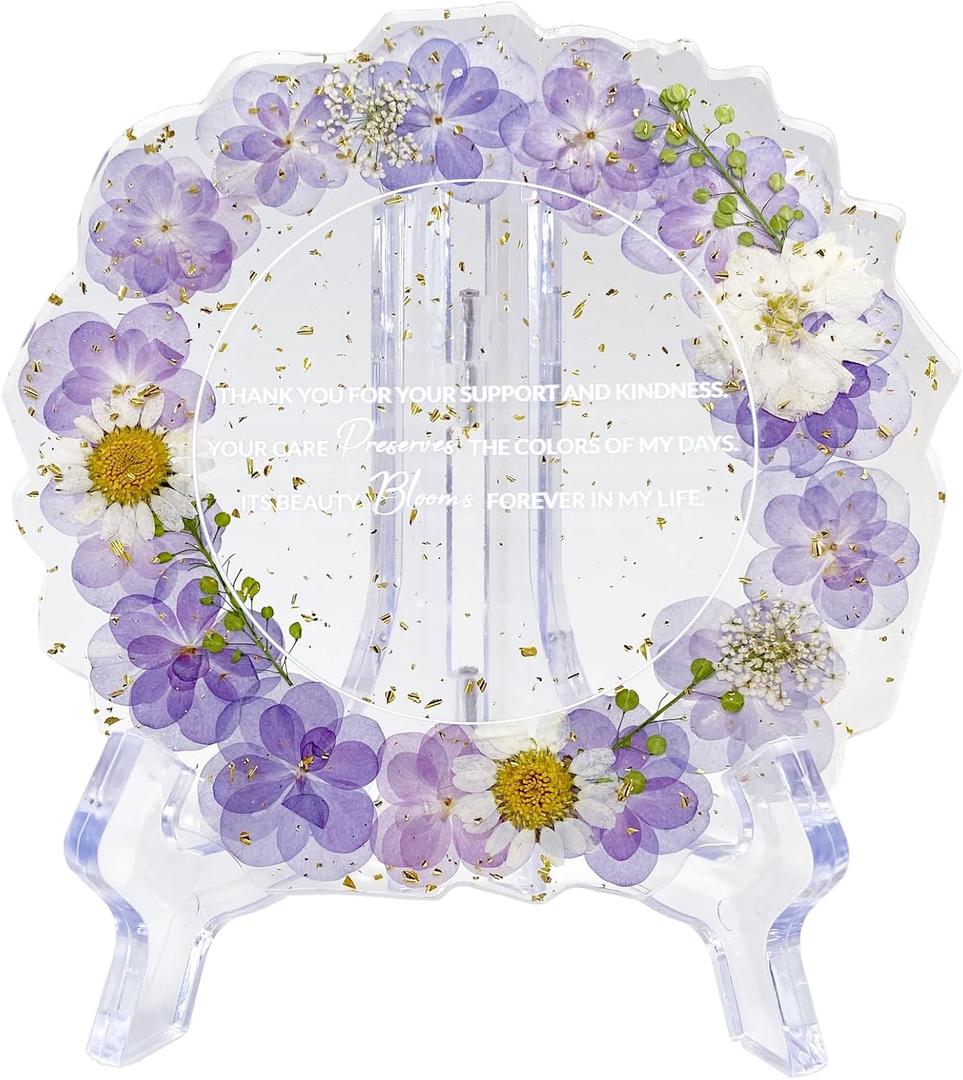 Thank You Gift Resin Floral Keepsake Plate Decor with Pressed Real Flowers (Purple & White) Teacher, Employee & Nurse Appreciation Keepsake