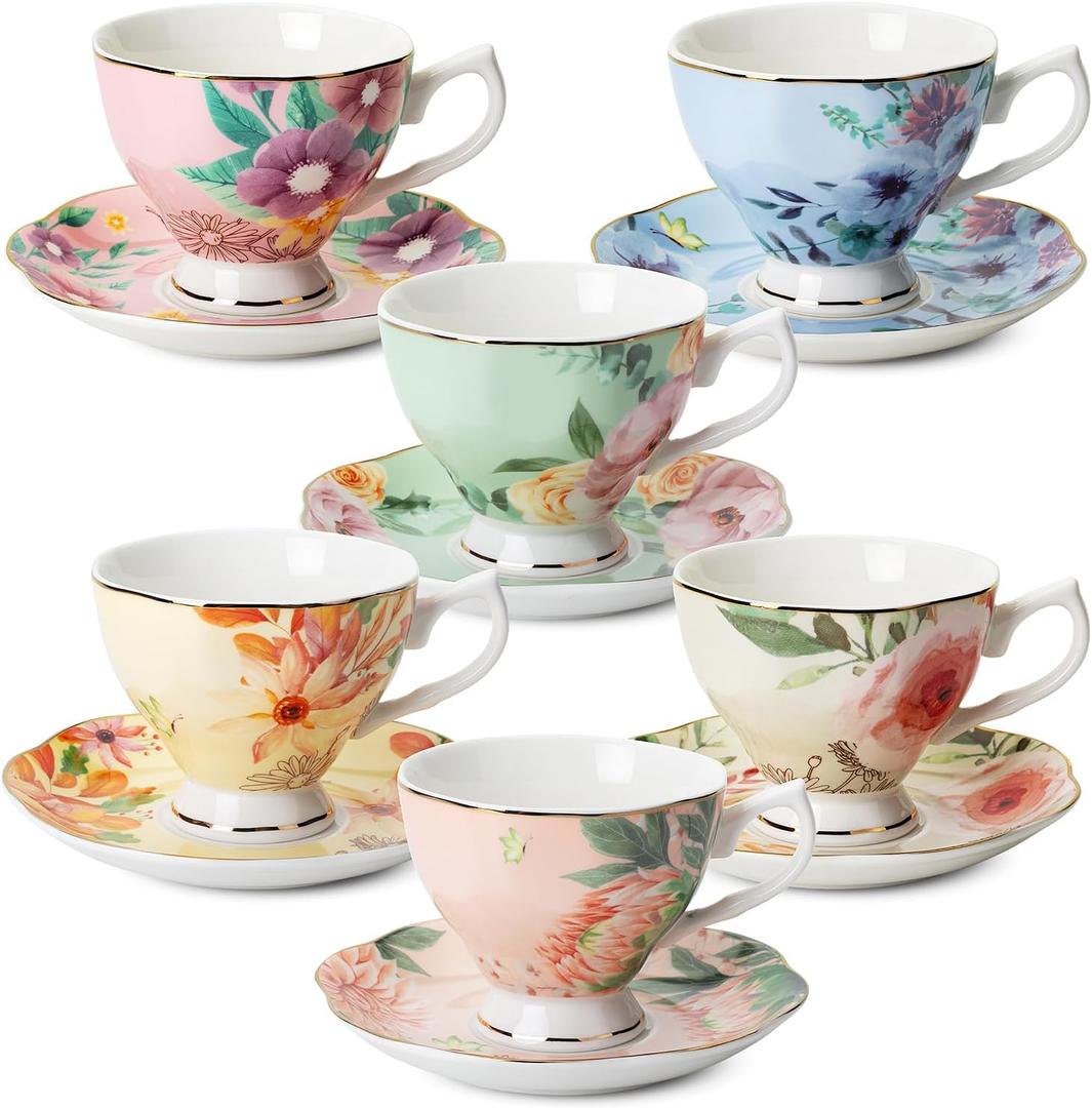 BTaT- Floral Tea Cups and Saucers Set of 6 (8 oz), Porcelain Tea Cups Set of 6, Pastel Flower Garden Design with Gold Trim, Mother's Day Gift