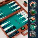 Pointworks 19 Inch Premium Backgammon Sets for Adults Leather Brown - Green. Premium 1.6 Inch Checkers & Dice Set, Travel Backgammon Set, Large, Backgammon Board Game, Backgammon Game Set, 12.5 x 19 inches