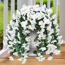 Sggvecsy Artificial Fake Hanging Flowers Plants for Outdoor Outside Spring Summer Decoration 4PCS Faux Silk UV Resistant Realistic Morning Glory Trailing Vines for Home Porch Patio Balcony(White)