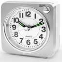 Minimalist Battery Analog Travel Alarm Clock, Silver Table Desk Shelf Clocks for Bedrooms, Small Beside Clock, Ascending Alarm, Maximalist Decor, Silver