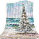 Coastal Christmas Tree Throw Blanket Flannel Fleece, Soft Plush Cozy Baby Blankets, Modern Oil Painting Beach Xmas Tree Blankets Throws Warn Fuzzy Blanket for Couch/Sofa/Chair/Travel 30"x40"