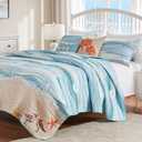Greenland Home Maui Embroidered Coastal Quilt and Pillow Sham Set, Full/Queen (5 Piece), Blue