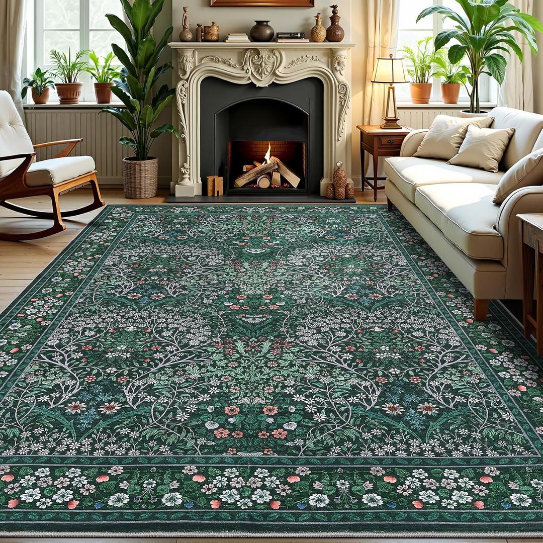 GarveeHome Floral Washable 8x10 Rug Large Rugs for Living Room Soft Boho Bedroom Rugs, Non Slip Botanical Carpet for Dining Room Nursery, Dark Green