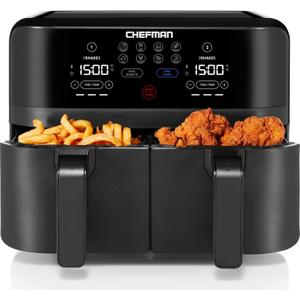 Chefman TurboFry Touch Dual Air Fryer, Maximize The Healthiest Meals With Double Basket Capacity, One-Touch Digital Controls And Shake Reminder For The Perfect Crispy And Low-Calorie Finish (9 Quart - No Window)