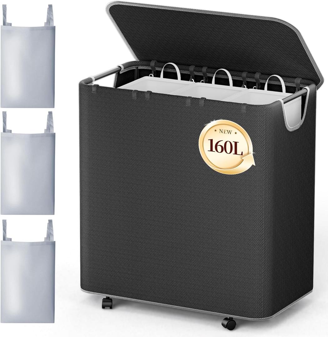 LAMU 160L Laundry Hamper with Wheels, Black Rolling Laundry Basket with Lid and 3 Removable Laundry Bag, Large Capacity 3 Section Dirty Clothes Hampers for Laundry Room, Bedroom, Bathroom, Dorm
