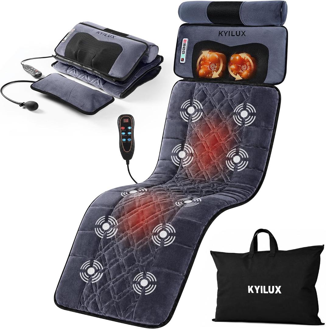 Full Body Vibration Massage Mat with Heat 10 Vibration Motors for Soothing Body Relief, Includes Detachable Shiatsu Neck Massager, Heated Massage Pad for Bed, Sofa & Recliner