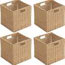Handwoven Paper Woven Cube Basket Organizer with Handles set of 4 Foldable Storage baskets for Bedroom Living Room Cubby Storage Units for Clothes Books Toys (Natural, 13" L x 13" W x 13" H)