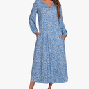 Marvmys Womens Cotton Long Sleeve Nightgown Long Sleepshirts Full Length Henley Sleep Dress with Pockets Large