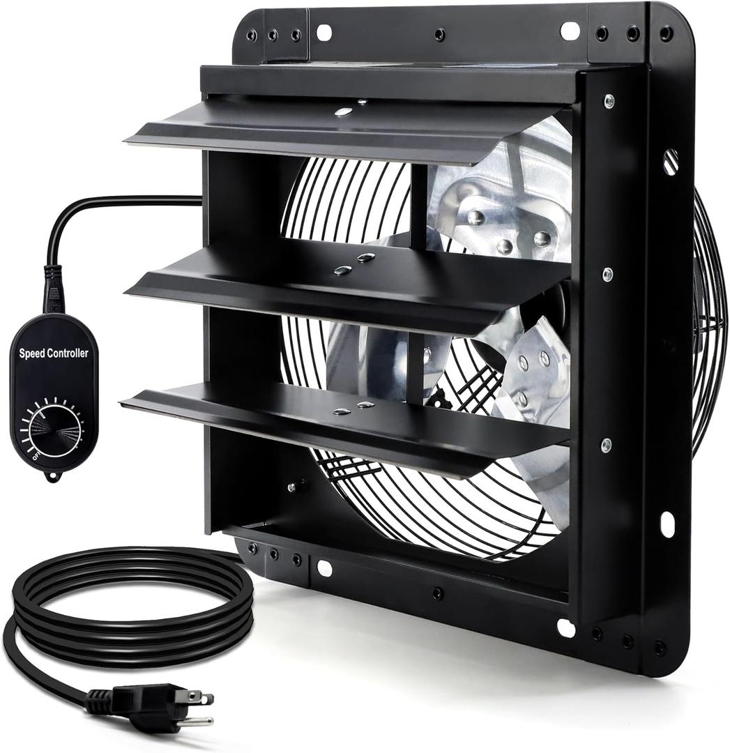 10 Inch Shutter Exhaust Fan for Greenhouse, Shed, Garage, Barn, Chicken Coop Ventilation, Wall Mount Attic Fan with Speed Controller and Power Cord, 820 CFM, Black