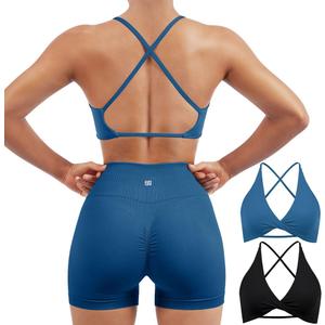 SUUKSESS Women 2 Piece Open Back Strappy Sports Bra Pack Twist V Neck Workout Crops (Large, #2 Blue & Black)