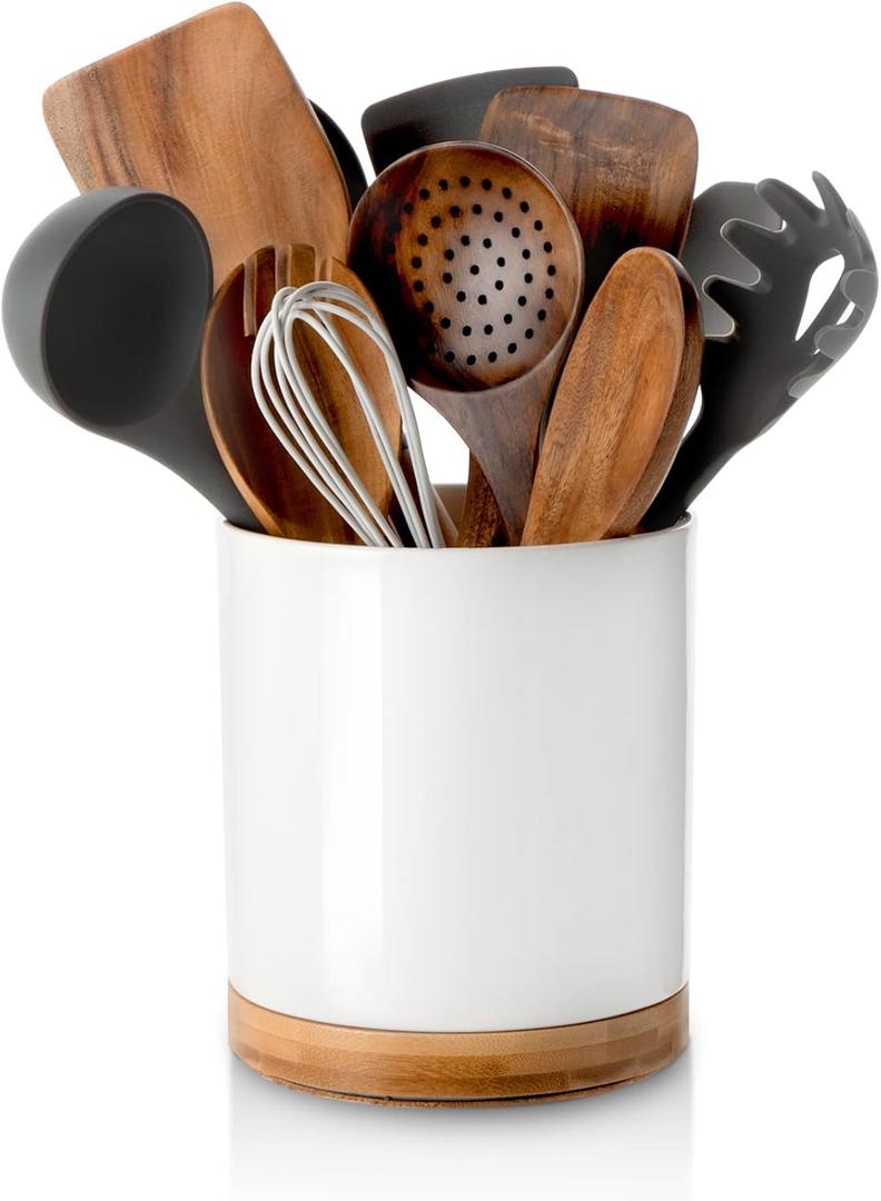 Nucookery 360 Rotating Utensil Holder, 7.2" Large Utensil Crock, White Ceramic Cooking Utensil Organizer with Countertop-Protection Cork Bottom for Farmhouse Kitchen Decor Christmas Gift (White)