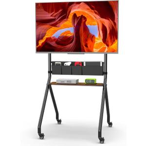 Rolling TV Stand with Storage for 32-75 Inch LCD/LED/OLED Flat/Curved Screens up to 220lbs Mobile TV Cart Anti-Collision Aesthetic Design Height Adjustable TV Stand with Wheels for Home Office