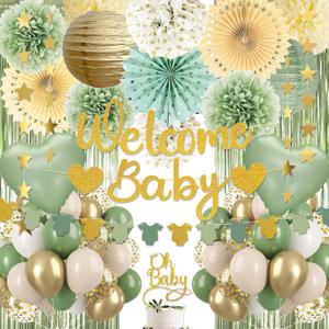 Sage Green Baby Shower Decorations - Gender Neutral Baby Shower Decor Set with Welcome Baby Banner, Tissue Pom Poms, Paper Lanterns, Flower Fans, Balloons, "Oh Baby" Cake Topper & Star Garland
