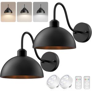 Battery Operated Wall Sconce, Wireless Set of 2 Battery Operated Light Sconces Battery Powered Wall Sconce with Remote Black Wall Sconces for Bedroom Hallway Living Room
