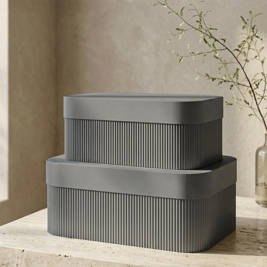 Decorative Storage Boxes with Lids Set of 2 Beautiful Fluted Cardboard Organizer Bins for Your Home Bookshelf Decor to Safely Store Your Documents, Set of 2 For Versatile Use: Two differently sized boxes (large: 11.7x7.3x4.3", small: 10.3x6.5x3.8") 