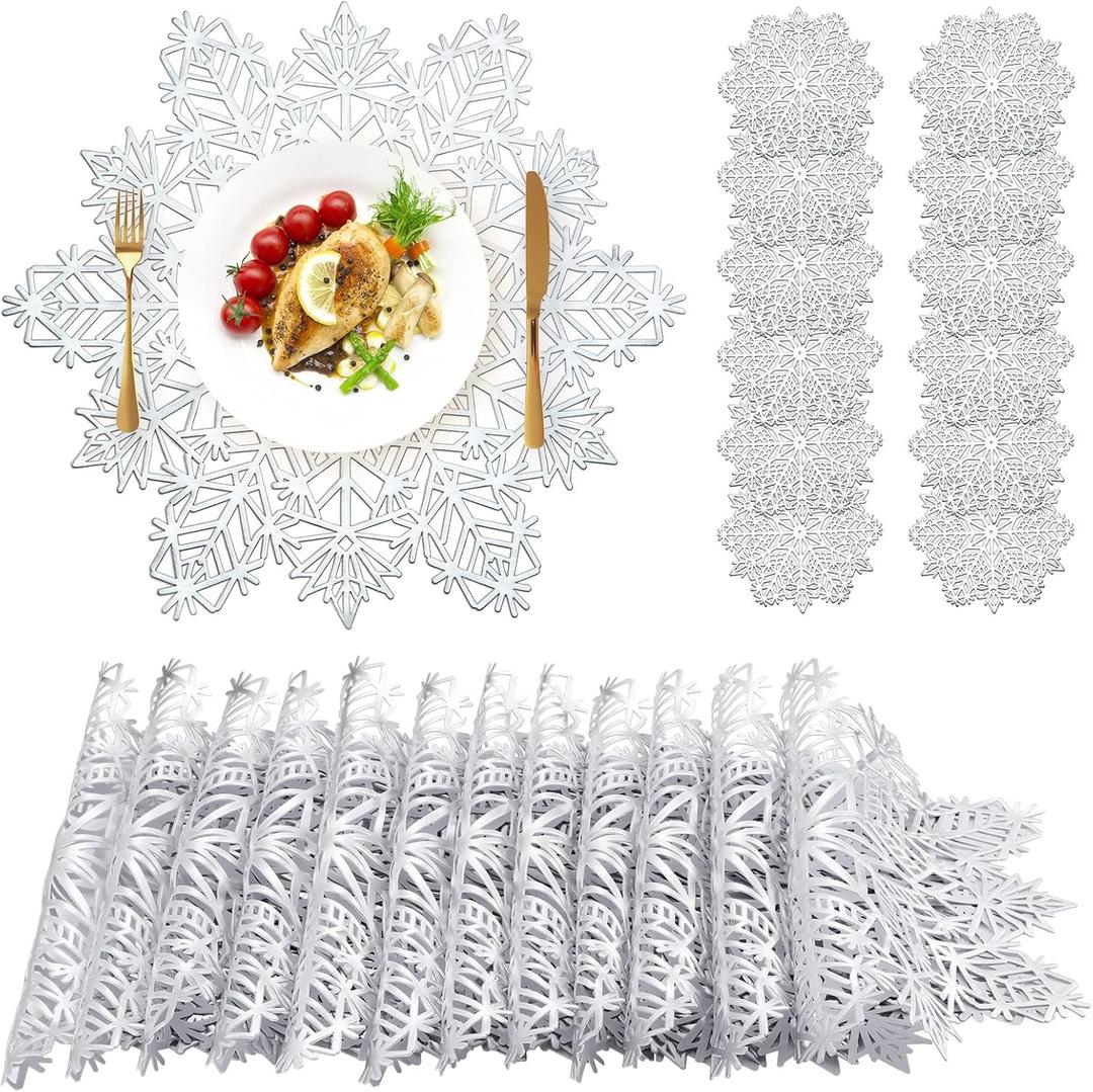 Sieral Snowflake Placemats and Coasters Set Pressed Vinyl 15 Inch Placemats and 4 Inch Coasters for Christmas Winter Wedding Party Dinner Table Decoration(Silver,12 Sets)