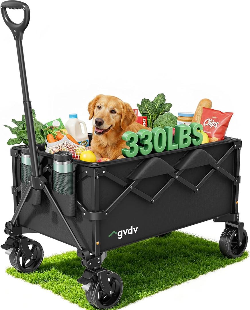 GVDV CW35 Wagons Carts Foldable, 42-Inch Extended Handle Collapsible Utility Wagon with Wheels, Shopping Cart, 330LBS Heavy-Duty Cart for Groceries, Camping, Beach, Garden, Sports