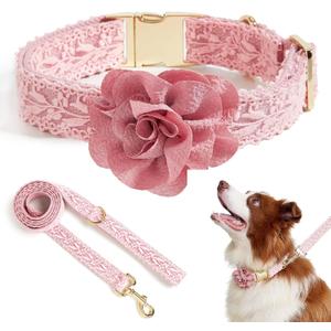 Summer Girl Dog Collar and Leash Set Soft Cotton Lace Handmade Embroidered Personalized Designer Heavy-Duty Dog Collars for Large Dogs, L