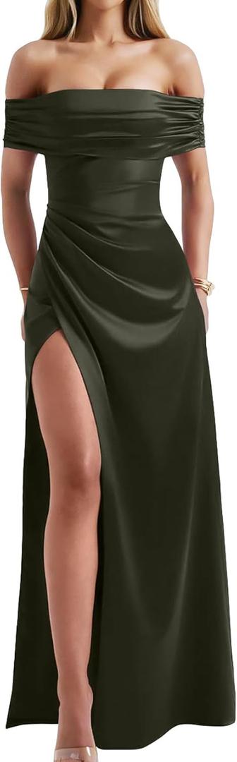 Memoriesea Women's Elegant Off Shoulder High Split Bodycon Evening Wedding Maxi Dress (Green, M)