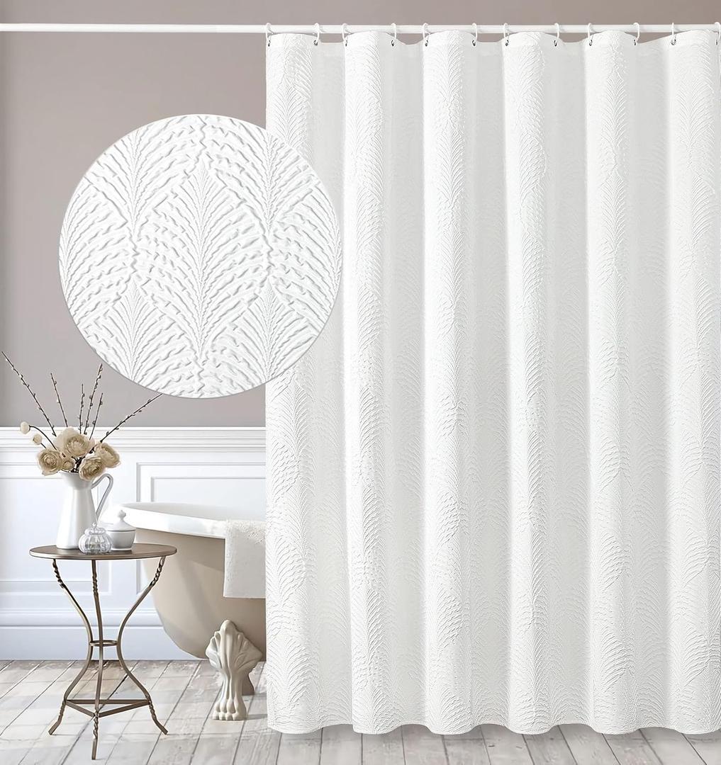 Gibelle White Shower Curtain for Bathroom, 3D Embossed Textured Fabric Curtain, Modern Farmhouse Chic Soft Cloth Set with Hooks, 72x72
