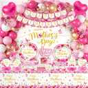 Mothers Day Decorations for Party,Mother's Day Decorations Pack - Happy Mothers Day Plates and Napkins,Mother's Day Banner,Balloons,Tablecloth,Cups,Forks,Knives,Best Mom Ever Decoration,Sever 24