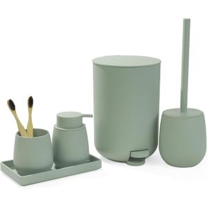 Gahefy Sage Green Bathroom Accessories Set with Small Trash Can 3 Liter/0.8 Gallon,Toothbrush Holder,Soap Dispenser,Vanity Tray,Toilet Brush and Holder Green 5PCS