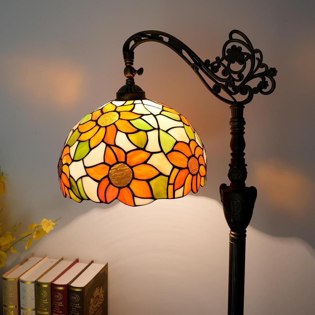 Tiffany Floor Lamp Yellow Sunflower Stained Glass Gooseneck Reading Floor Lamp Adjustable Corner Standing Light with Foot Switch for Bedroom Living Room Office (Bulb Included)